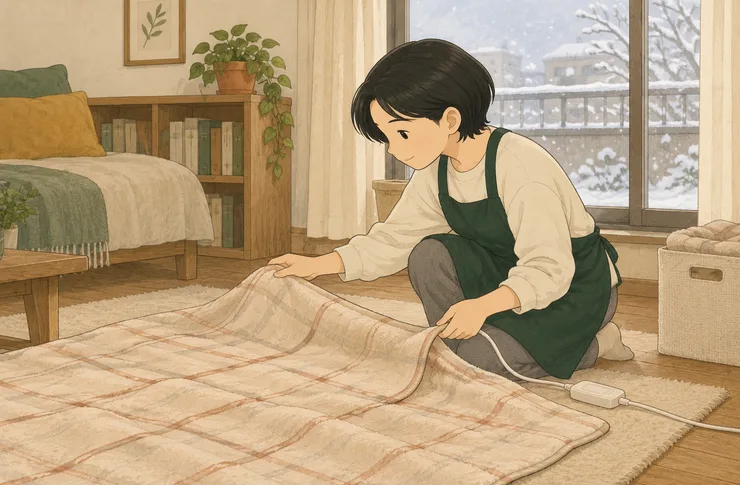 모아가 겨울철 보관함에서 꺼낸 전기요를 바닥에 펼치고 코드와 접힌 자리를 살피는 일러스트