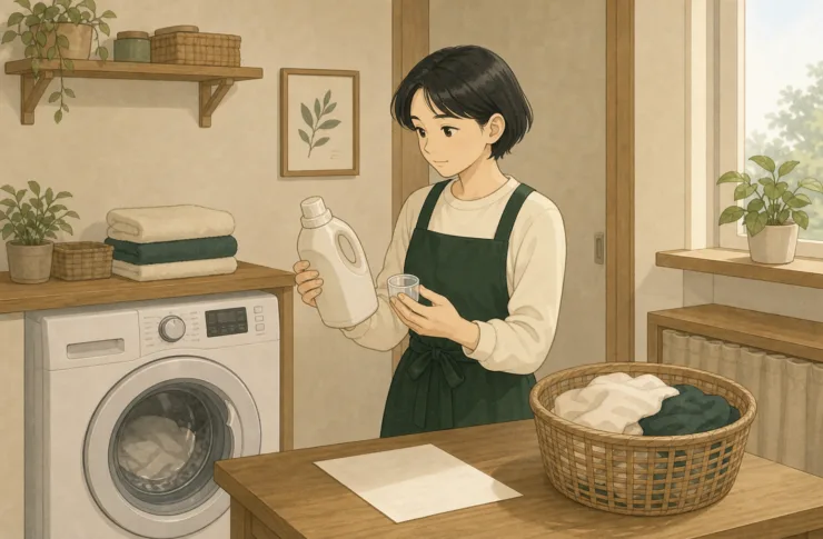 모아가 세탁기 옆에서 액체 세제 용기의 표준 사용량 표시와 품질비교표를 나란히 읽는 일러스트