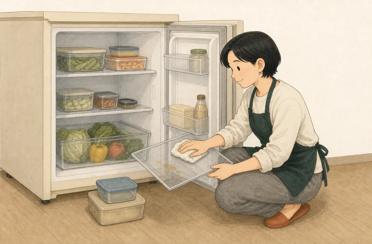 모아가 냉장고 문을 열고 용기 날짜와 선반의 흘린 자국을 구역별로 확인하는 일러스트
