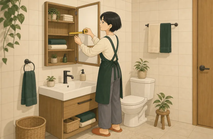 모아가 욕실 수건장 앞에서 작은 줄자로 선반 깊이와 접은 수건 폭을 비교하는 일러스트
