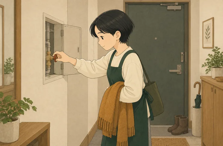 모아가 겨울 외출 복장으로 현관 앞에 서서 바닥의 수도밸브를 잠그고 있는 일러스트